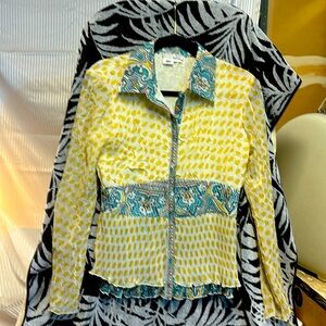 Yellow multi-colored trimmed crinkle designer blouse